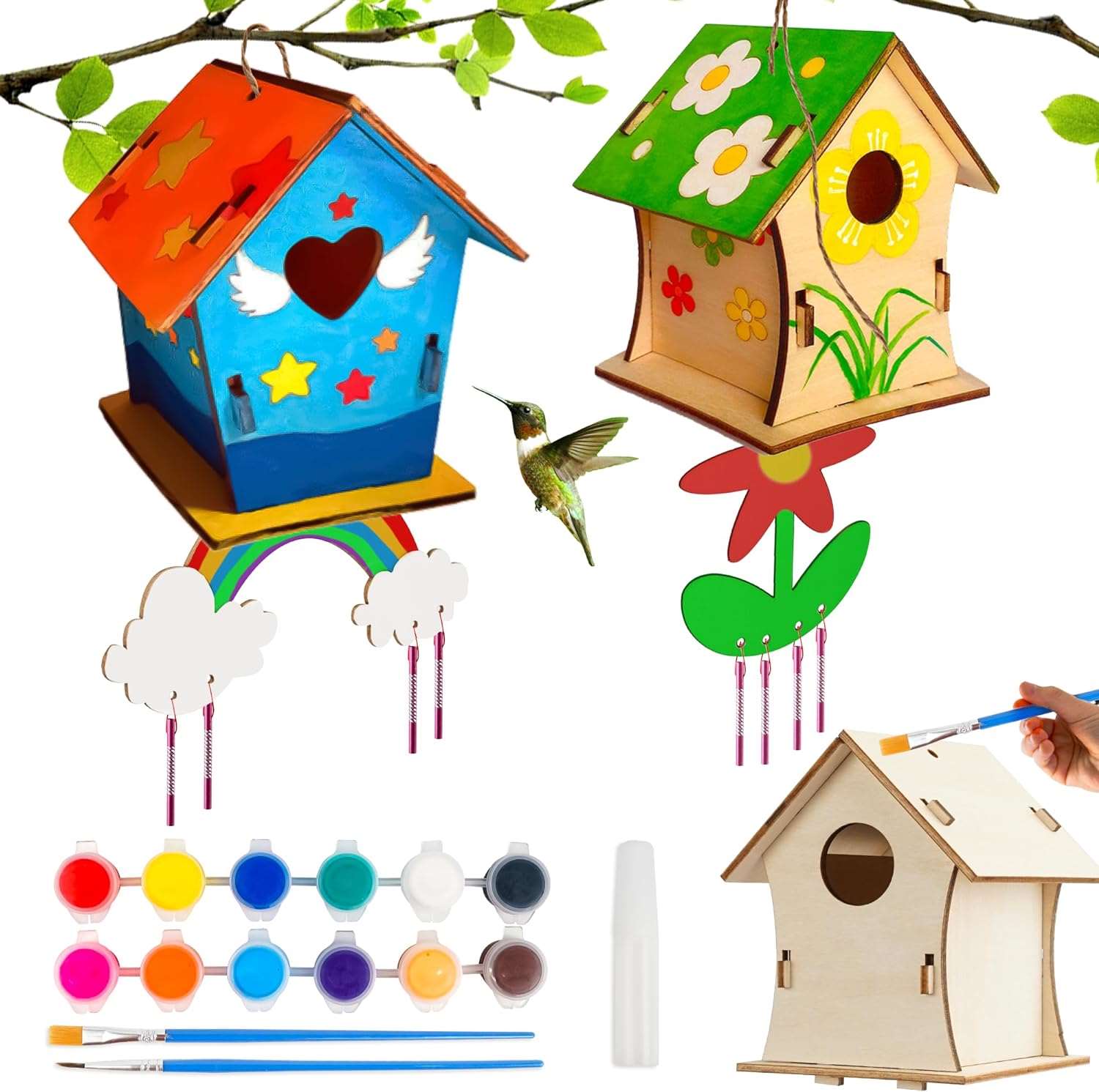 2 Pack DIY Birdhouse Wind Chime Kit-Wooden Crafts Arts for Kids to Build and Paint - Cykapu
