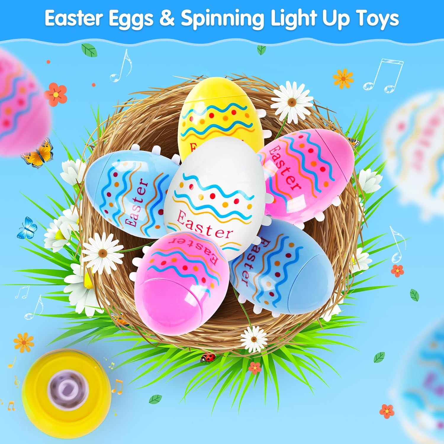 Easter Eggs Toys, 6-Pack Spinning Tops, LED Light Up Toys, Lighting & Singing Party Favors Easter Basket Stuffers