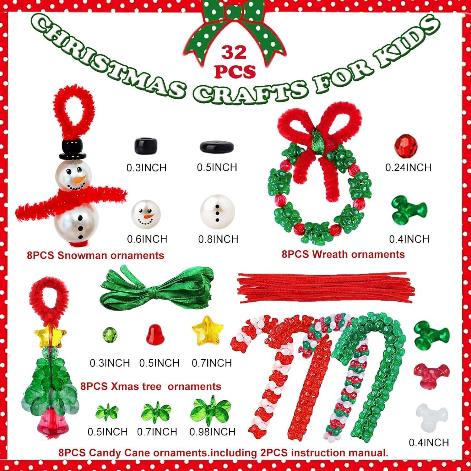 32 Sets Christmas Beaded Ornament Kits Including 8Pcs Snowman,8Pcs Wreath,8Pcs Xmas Tree
