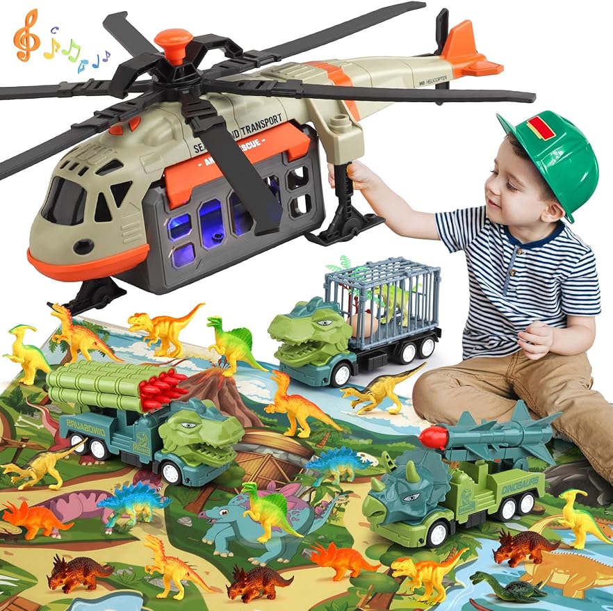 Dinosaur Airplane Toys for Kids 3-5 5-7,Track Car Toys with 18 Dino Figures,Activity Play Mat - Cykapu