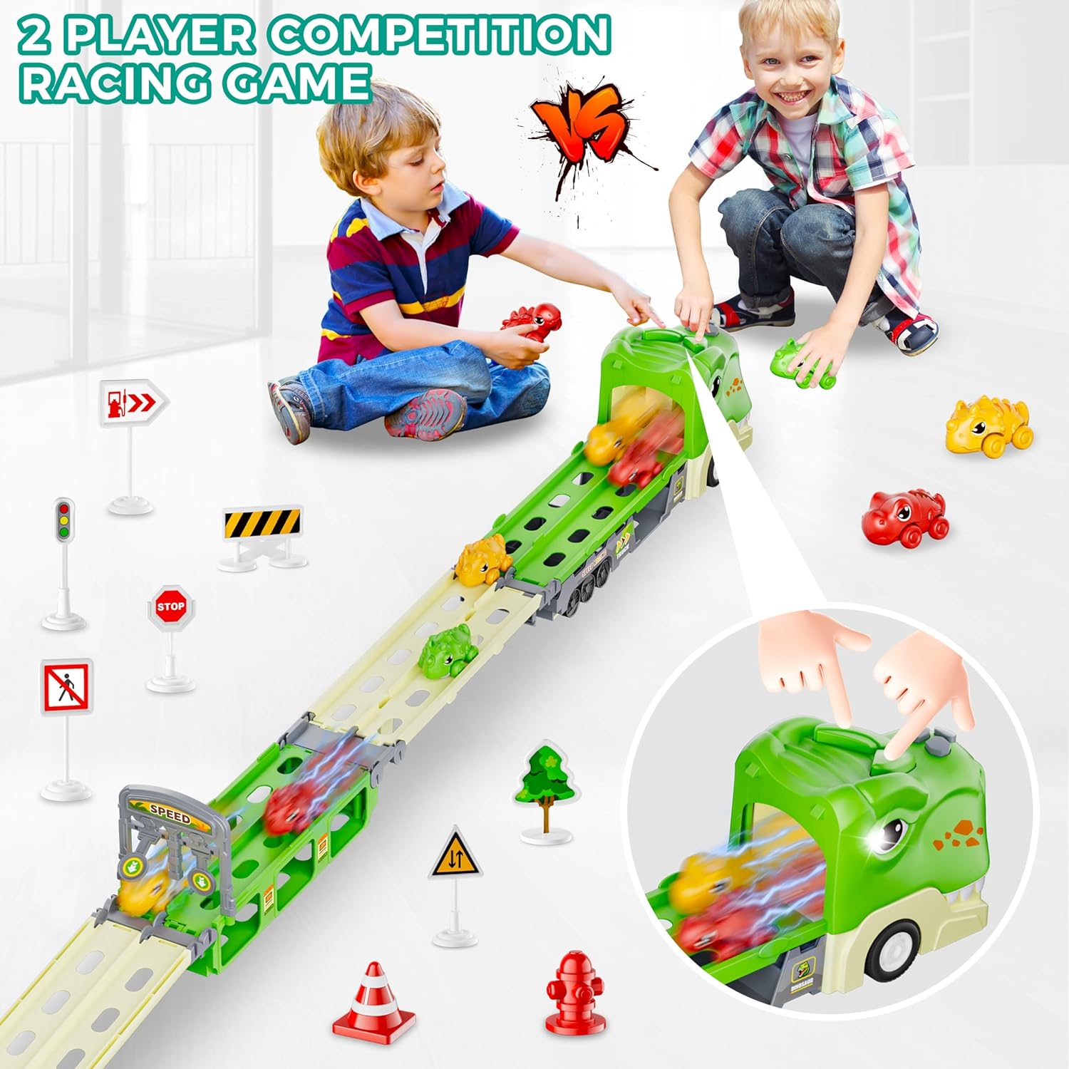 Dinosaur Truck Toys Foldable Track & 2 Player Race Mode, Light & Sound Transport Carrier W/ 6 Dino Car & 12 Road Sign - Cykapu