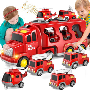 Toddler Trucks Toys, 5 in 1 Fire Car Truck, Christmas Birthday Gift Car Sets with Light Sound