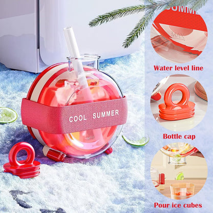 Ice Cube Bottle, 2 in 1 Zero Touch Press Ice Cube Mold Water Bottle with Straw, Ice Bottle Cup
