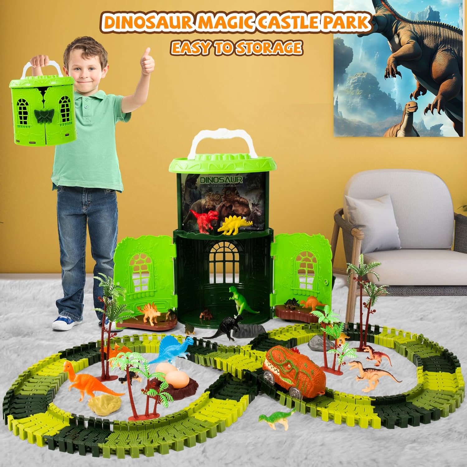 Dinosaur Toys for Kids 3-5, Dinosaur Toys Playset with Storage Box, 183 PCS Race Car Track Set Including 19 Dino Figures 1 Cool Race Car - Cykapu