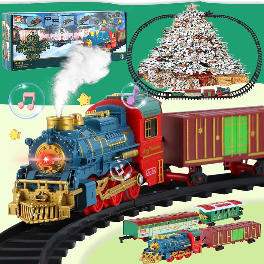 Christmas Train Sets for Around The Tree , Rechargeable Model Train Set with Spray, Lights, Sounds, Tracks, Steam Locomotive Engine - Cykapu