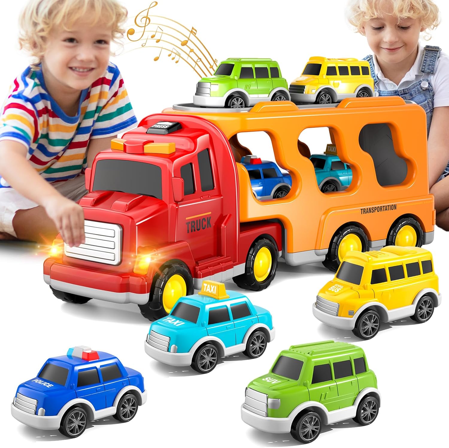 Toddler Trucks Toys, 5 in 1 Fire Car Truck, Christmas Birthday Gift Car Sets with Light Sound