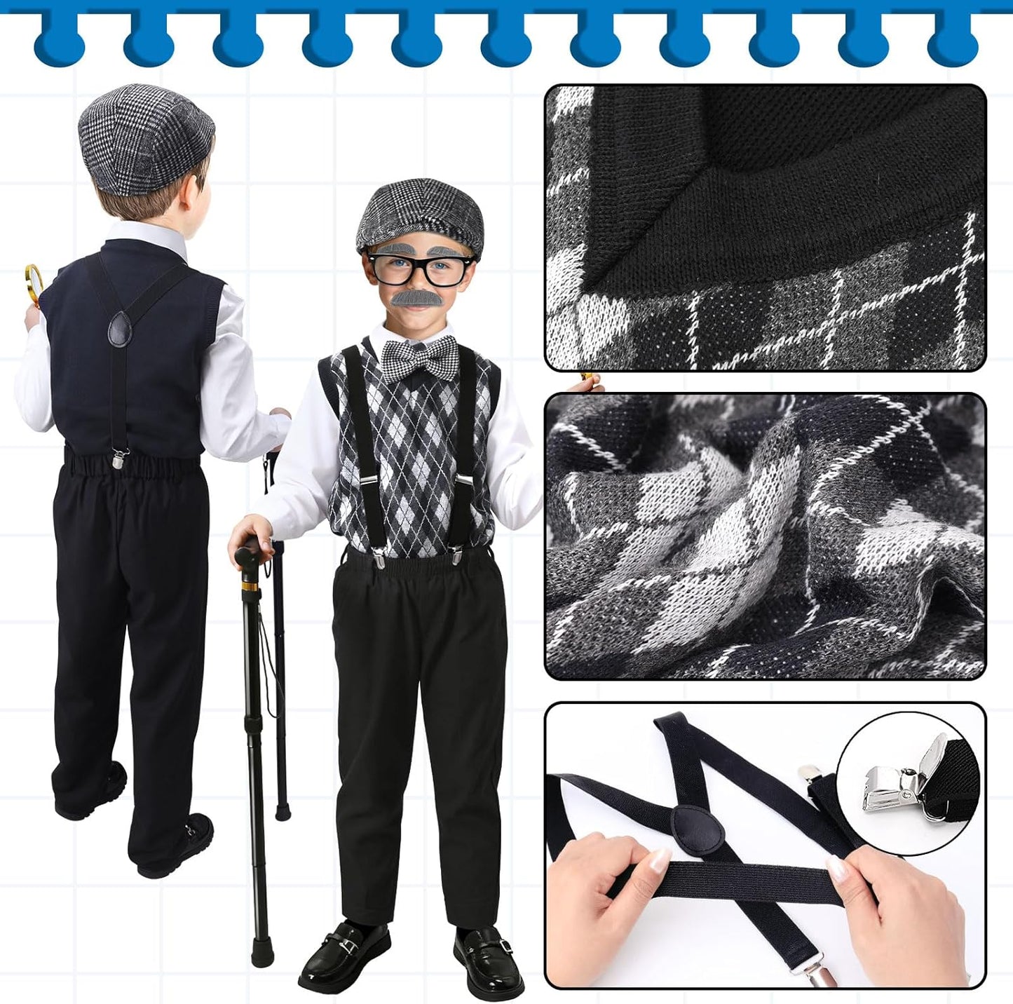 100 Days of School Costume for Boys,Old Man Costume for Kids Grandpa Vest Accessories Set