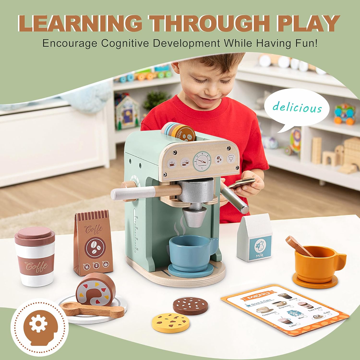 Kids Wooden Coffee Maker Toy, Wooden Play Kitchen Appliances & Accessories Toy - Cykapu