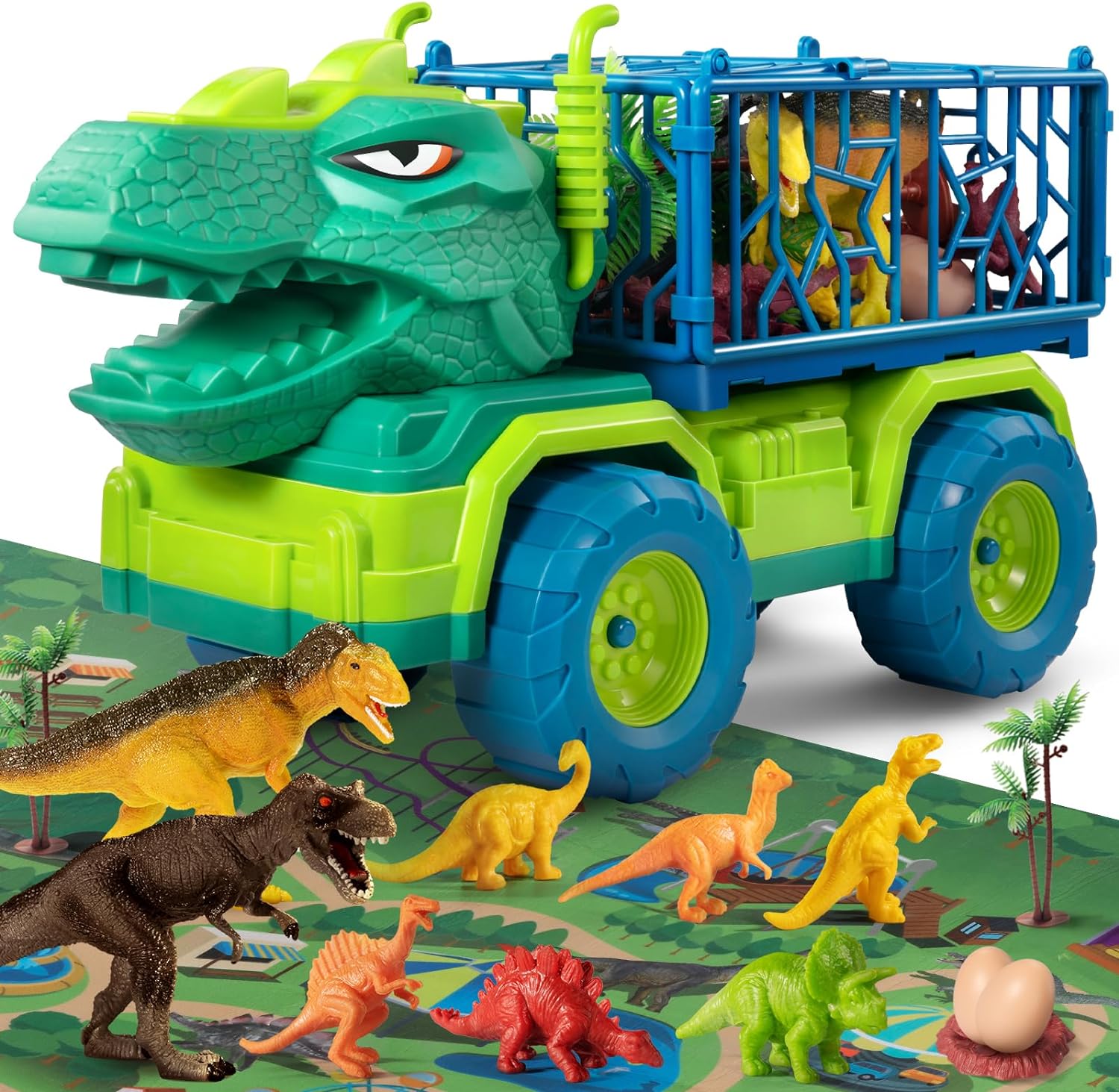 Dinosaur Truck Toys for Kids 3-5 Years, Tyrannosaurus Transport Car Carrier Truck with 8 Dino Figures - Cykapu
