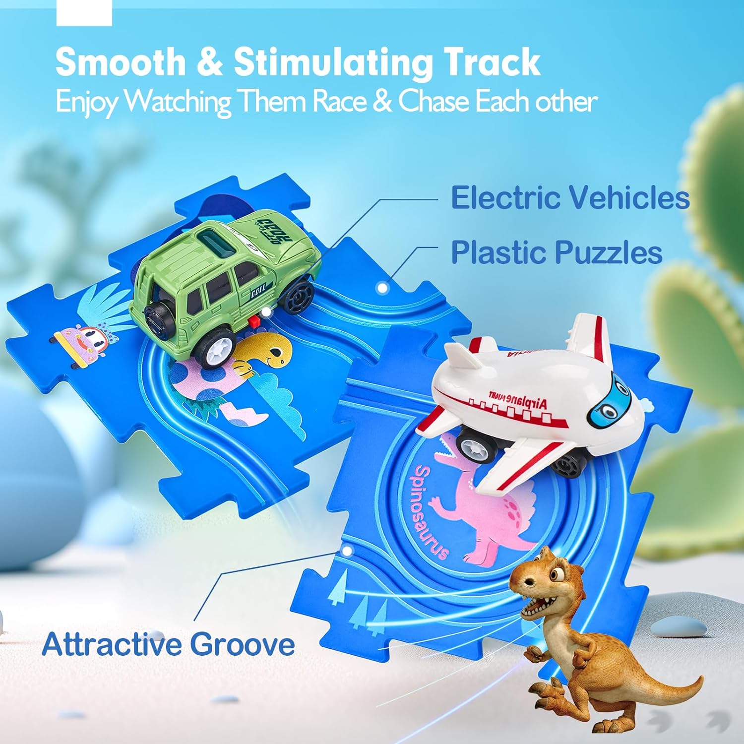 Puzzle Racer Kids Car Track Set - Dinosaur Jigsaw Puzzle Track Car PlaySet Toy - Cykapu