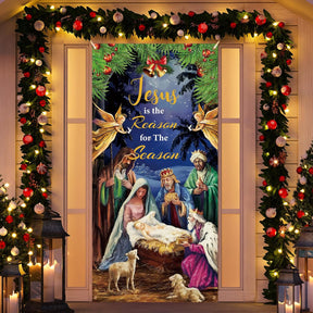 Nativity Christmas Door Banner Decorations Night Porch Sign Nativity Scene 73x36inch - Cykapu