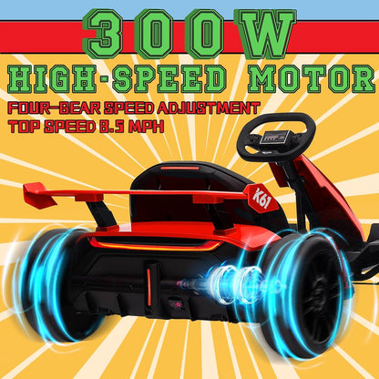 Electric Drift Kart with Length Adjustable Seat, 24V Outdoor Ride on Toy with 4 Speed Mode, Crazy Cart for Kids 6-12 Years Old, Fast 300W Motor, 8.5 MPH, Bluetooth - Red
