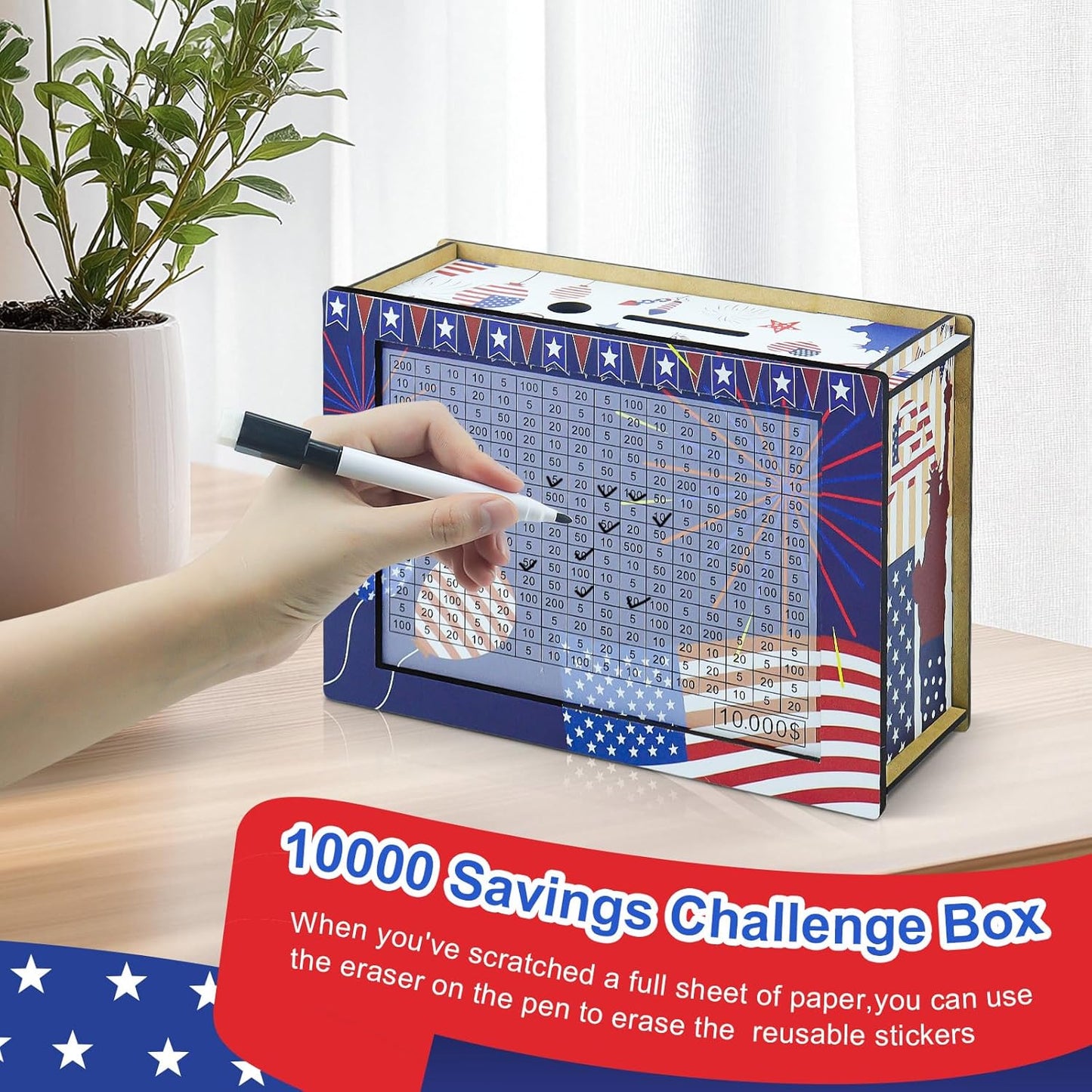 10000 Savings Challenge Box, Money Saving Box, Piggy Bank for Adults Kids, Wooden Cash Box
