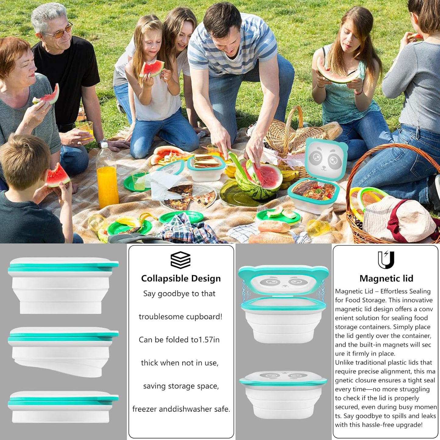 Silicone Food Storage Containers, Camping Bowl with Lids Collapsible, Freezer & Dishwasher Safe, Reusable 30 Oz Lunch Box for Camping Travel Fruit