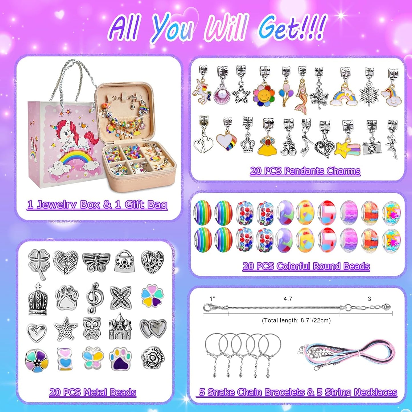 Charm Bracelet Making Kit DIY Bead Jewelry Making Kit with Box, Unicorn Mermaid Arts and Crafts