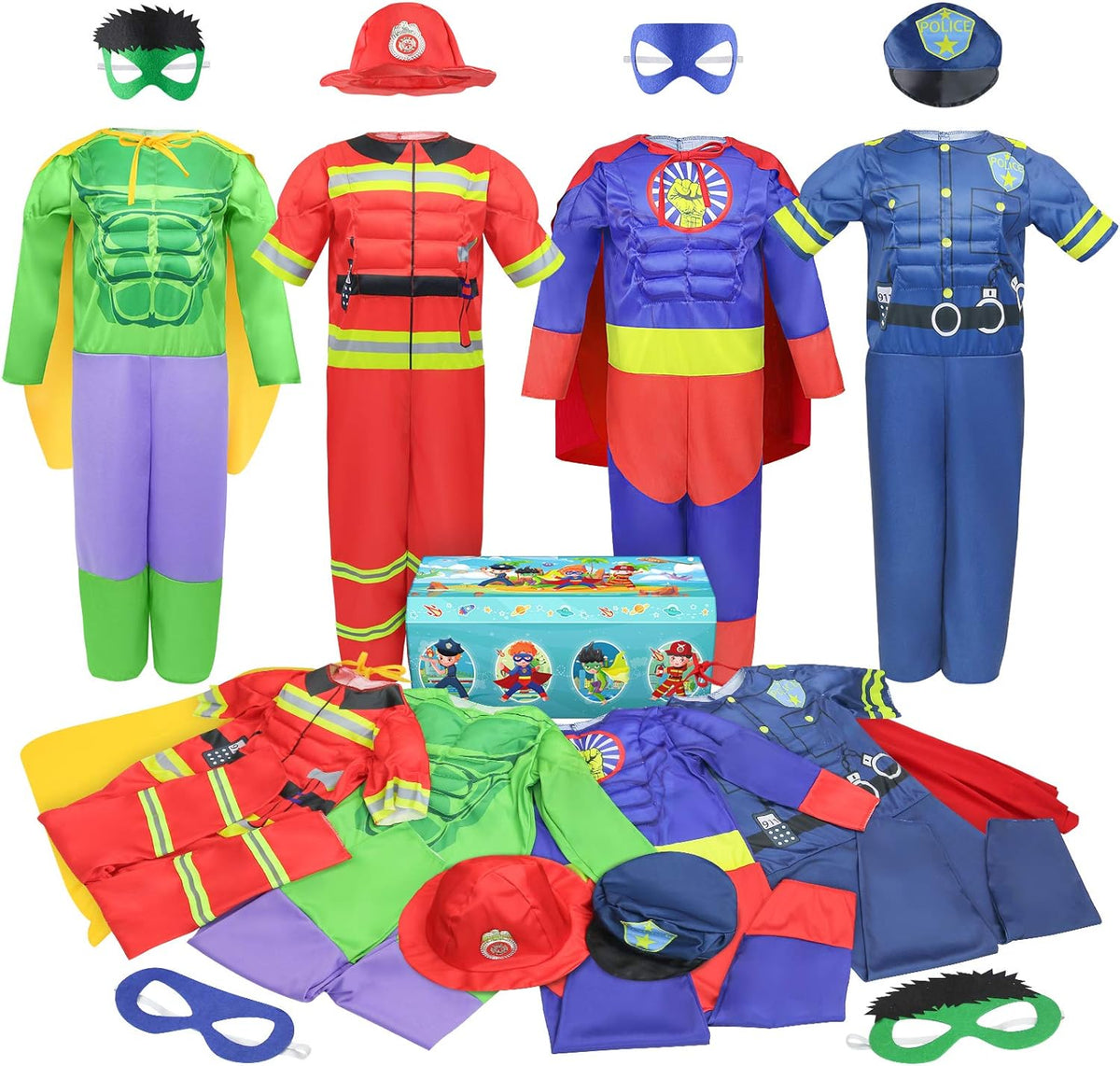Boys Muscle Chest Dress up Costumes Set Trunk with Superhero, Policeman, Fireman, Kids Pretend Role Play for Kids Ages 4-7