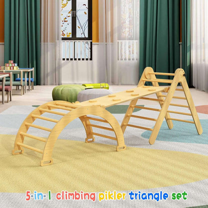 5 in 1 Montessori Pikler Triangle Set Gym, Foldable Pickler-3 Piece Climbing Wooden Indoor Jungle Gym - Cykapu