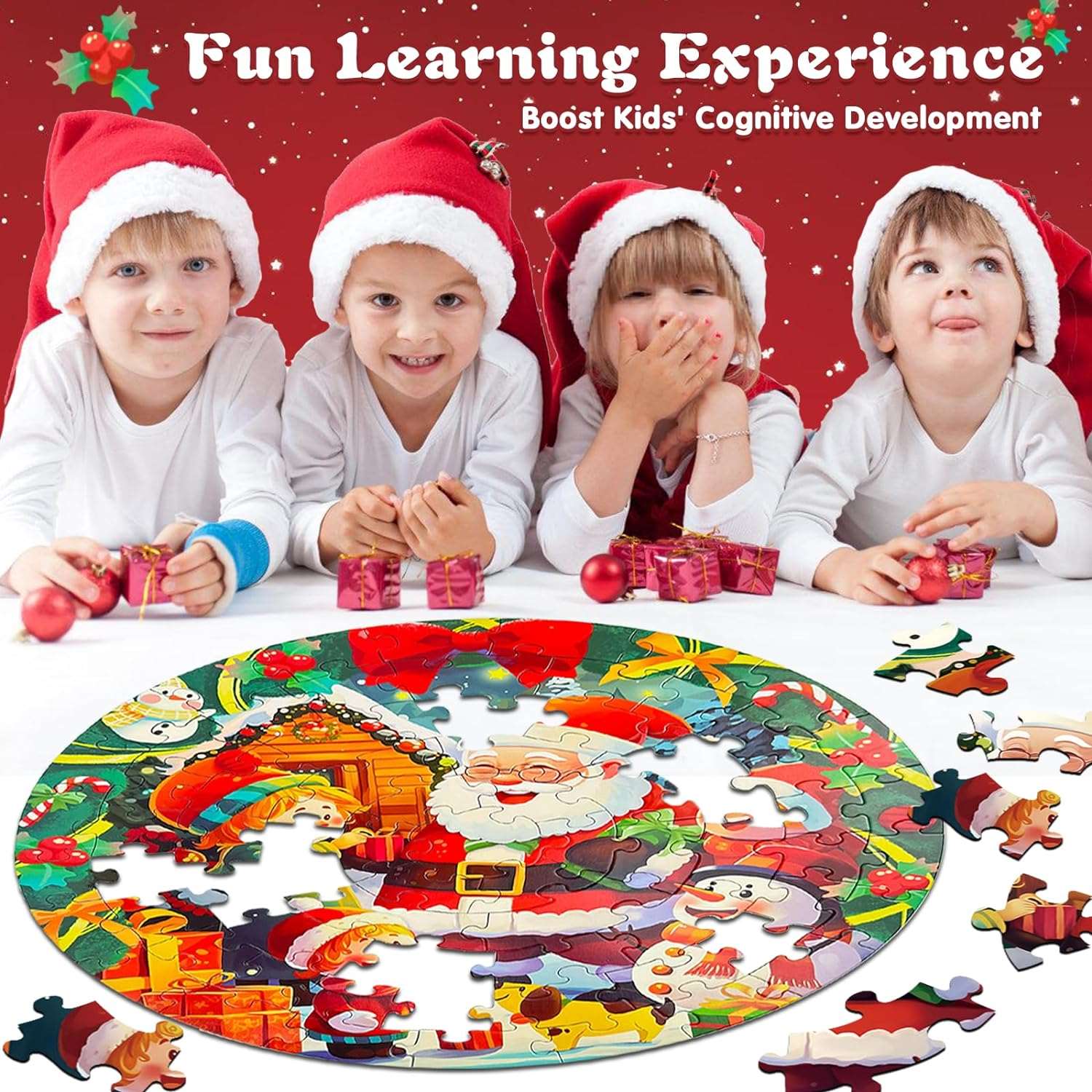 70 Piece Christmas Puzzle with Santa Claus & Snowman, Large Round Floor Puzzles - Cykapu
