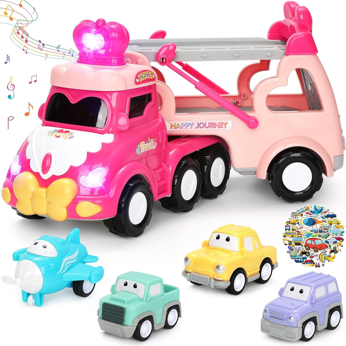 Toddler Car Toys Girl Birthday Gifts 5-in-1 Pink Princess Transport Carrier Trucks