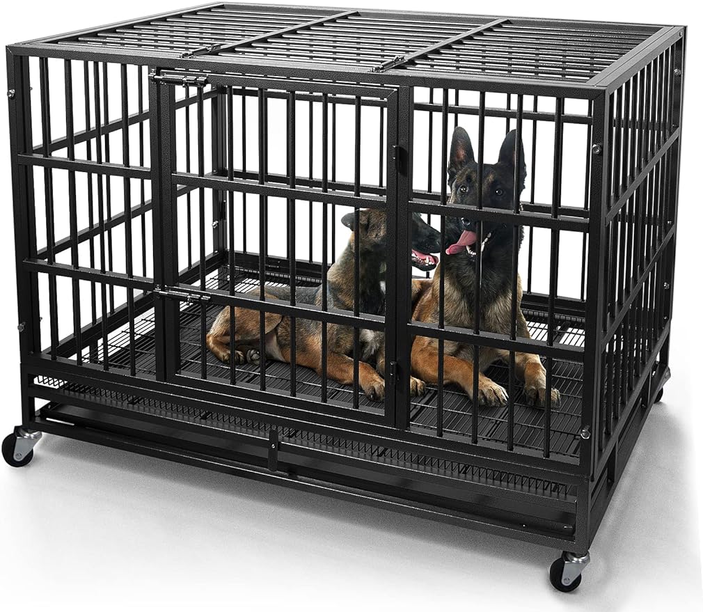 48 Inch Heavy Duty Dog Crate Cage Kennel with Wheels, High Anxiety Indestructible, Sturdy Locks Design