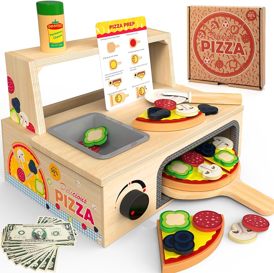 Wooden Pizza Toy - 48 PCS Montessori Pretend Play, Educational Learning Toy Wooden Playset with Bake Oven - Cykapu