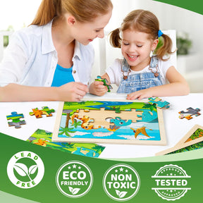 Wooden Dinosaur Puzzles for Kids Ages 3-5 with Gift Case, 4 Packs Toddler Jigsaw Puzzles - Cykapu