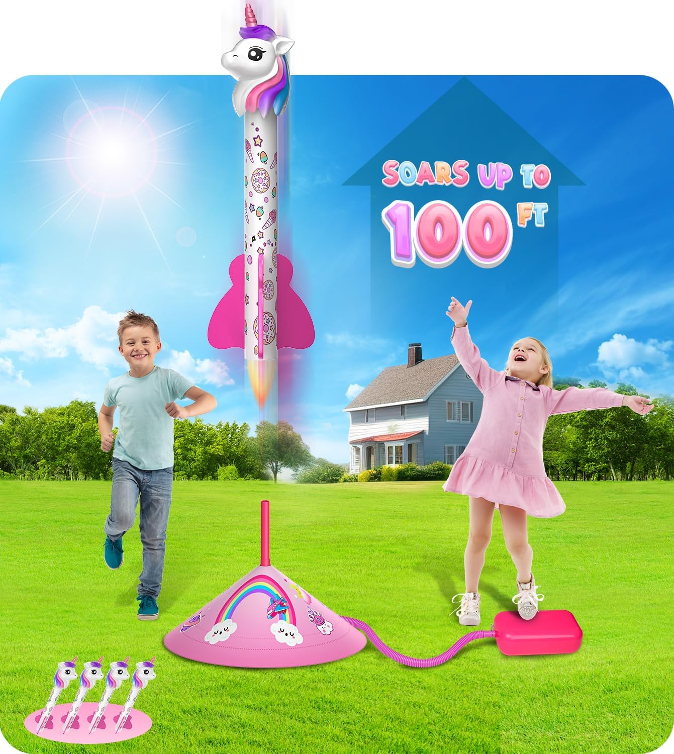 Unicorn Rocket Launcher, 4 Unicorn Outdoor Toys for Kids, Christmas Birthday Unicorn Gifts - Cykapu