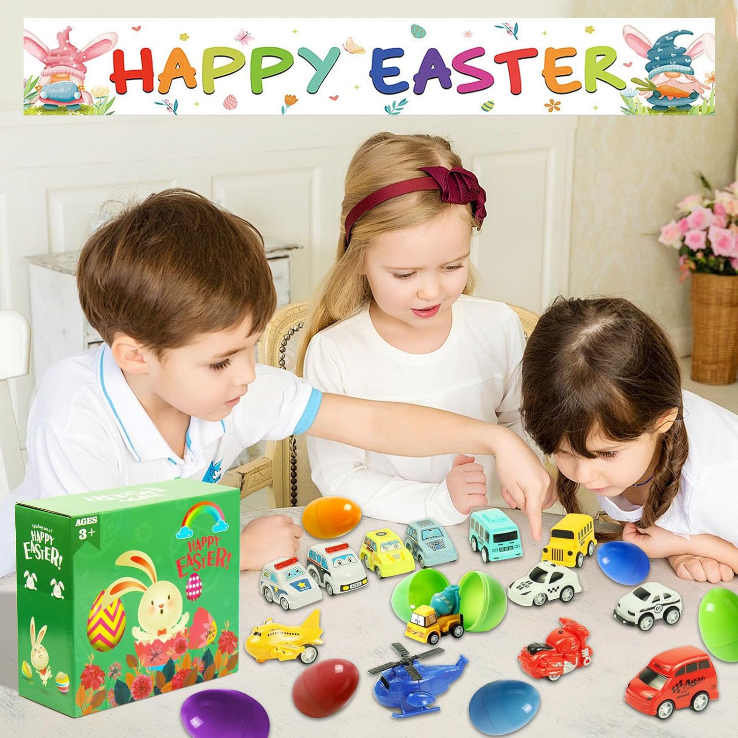 Easter Eggs with Toys Inside, 24Pcs Colorful Plastic Easter Eggs Filled with Toy Vehicles for Kids Cykapu