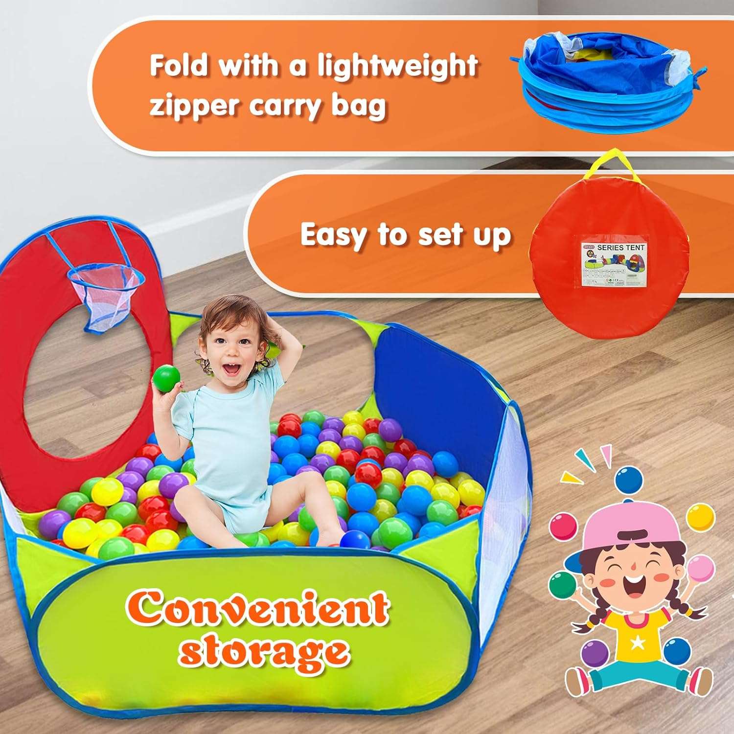 5pc Ball Pit, Play Tent and Tunnels for Kids, 1 Ball Pit, 2 Tents, 2 Crawl Tunnels, 2 Ball Hoop - Cykapu