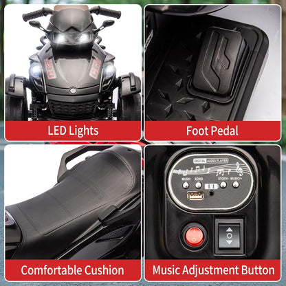 12V 3-Wheel Ride on ATV Electric Motorcycle for Kids, w/LED Lights, Music, One-Button Start, Forward/Backward, All-Terrain Wheels, Kids ATV Ride on Toy for Toddler Ages 3+, Easy Assemble, Black
