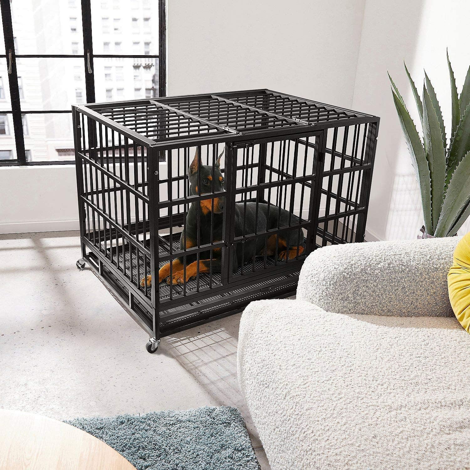 48 Inch Heavy Duty Dog Crate Cage Kennel with Wheels, High Anxiety Indestructible, Sturdy Locks Design