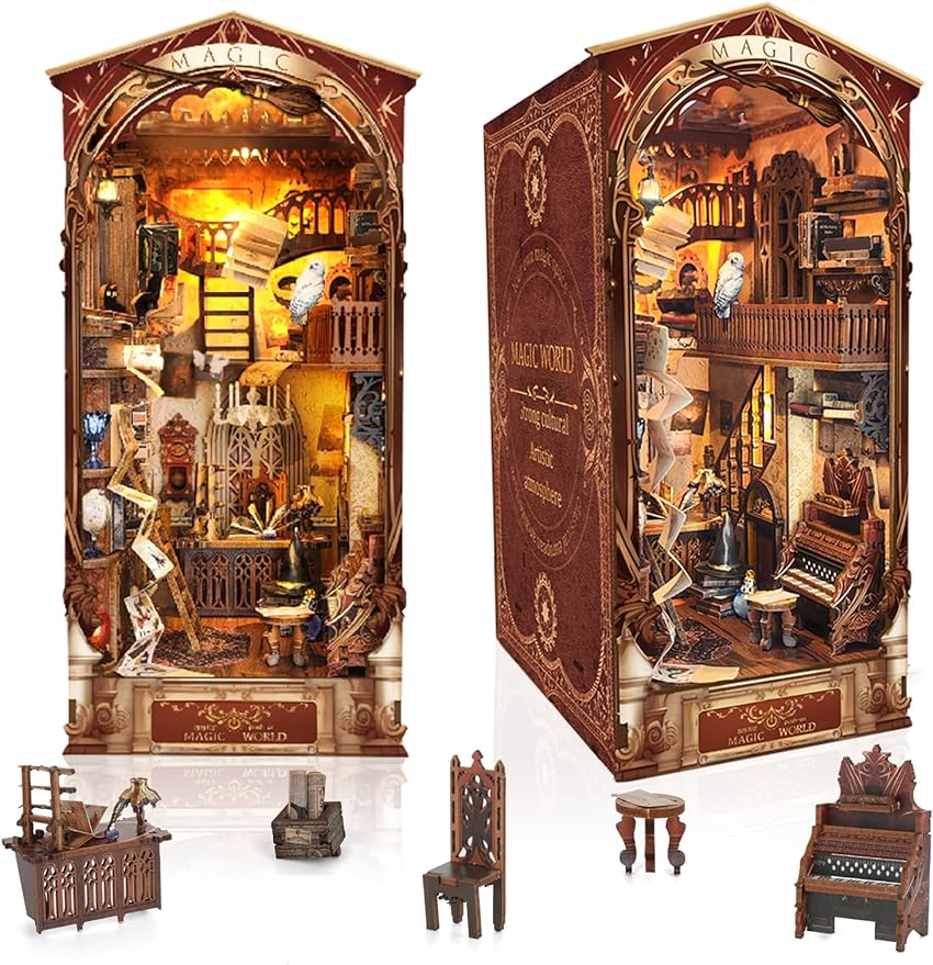 DIY Book Nook Kit, DIY Dollhouse Booknook Bookshelf Insert Decor, 3D Wooden Puzzles with LED - Cykapu