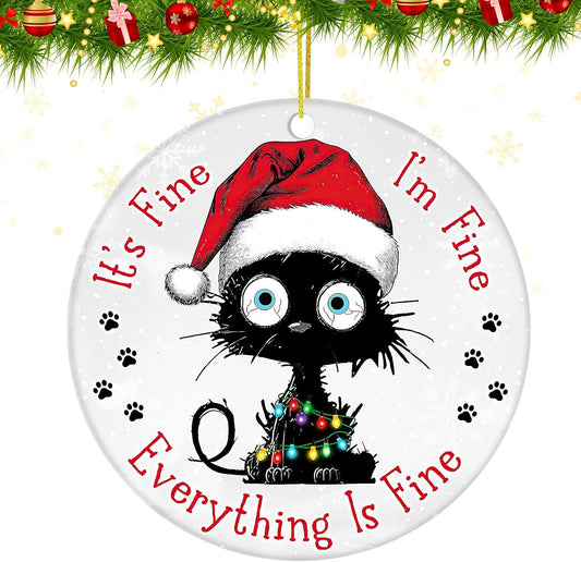 Cat Christmas Ornaments 2025, Black Cat Christmas Tree Decorations Hanging Ornaments, It's Fine I'm Fine