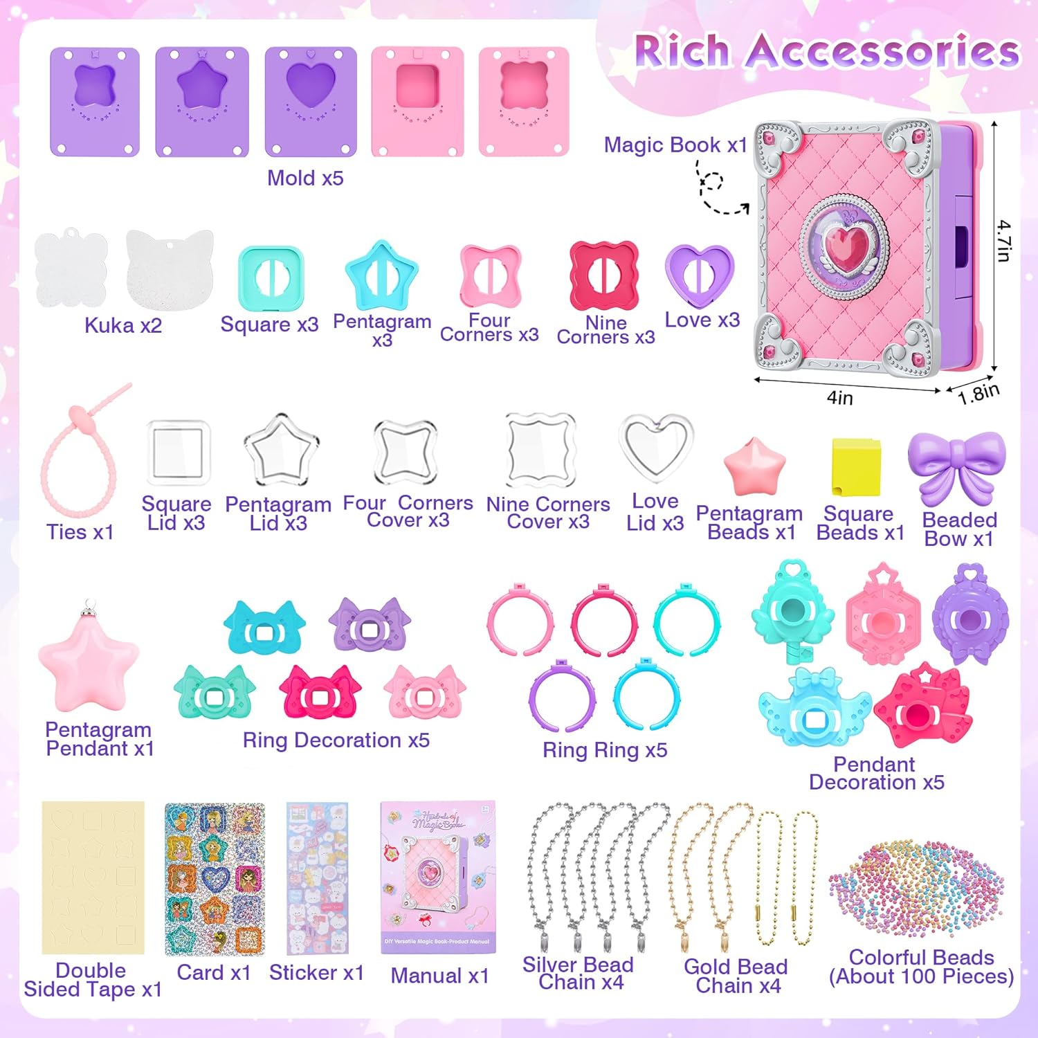 71 PCS DIY Jewel Rings Stickers Magical Kits for Little Girls, Handmade DIY Crafting Rings Bracelet Pendent Keychain