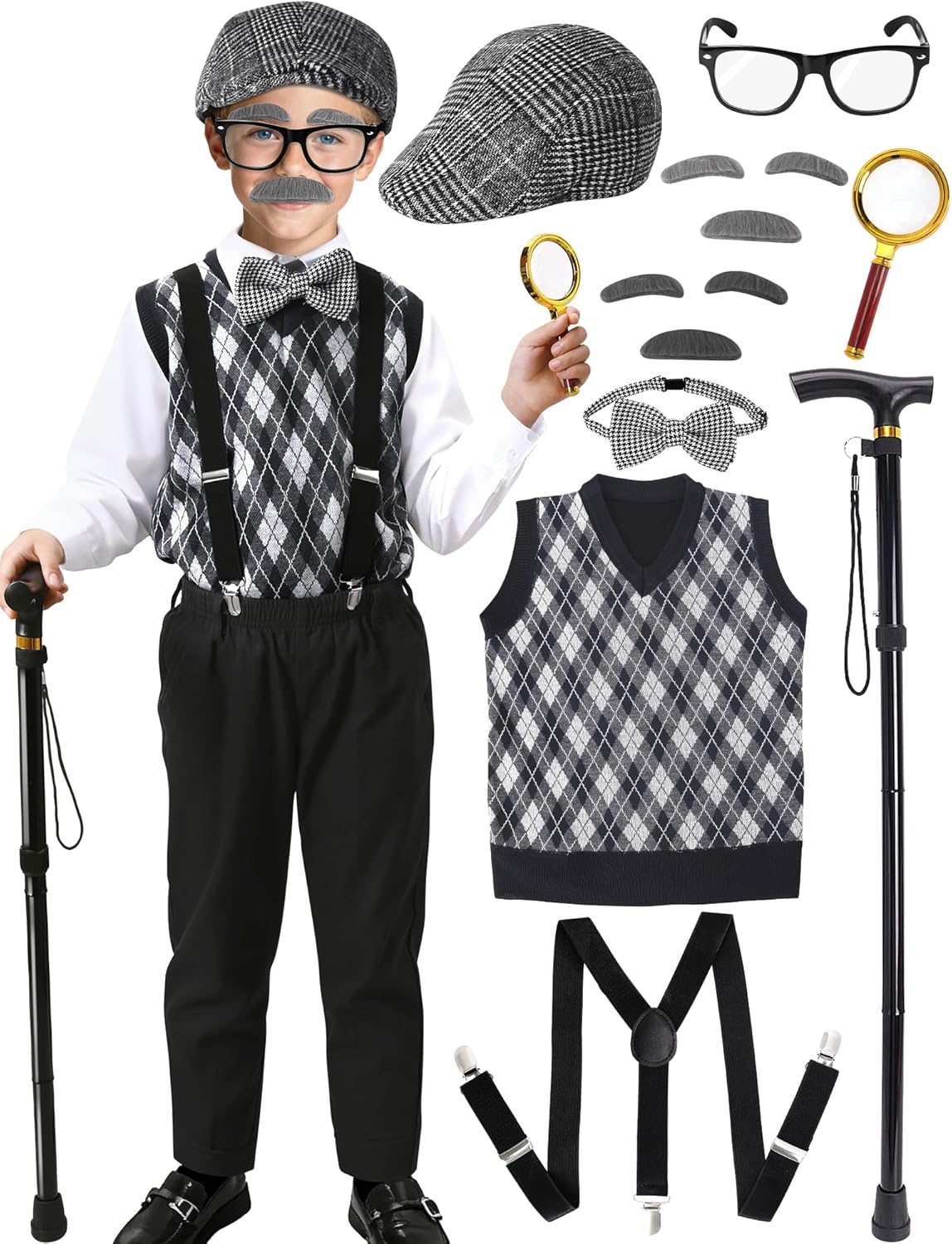 100 Days of School Costume for Boys,Old Man Costume for Kids Grandpa Vest Accessories Set