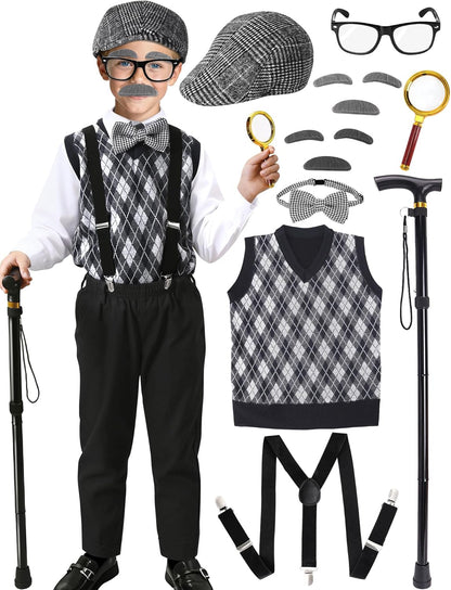 100 Days of School Costume for Boys,Old Man Costume for Kids Grandpa Vest Accessories Set
