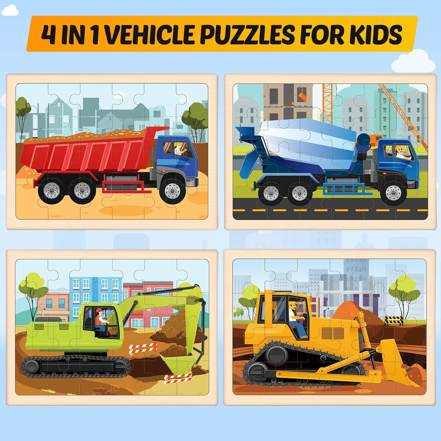 Wooden Puzzles for Kids Ages 3-5, 4 Packs 24 PCS Construction Vehicle Jigsaw Puzzles - Cykapu