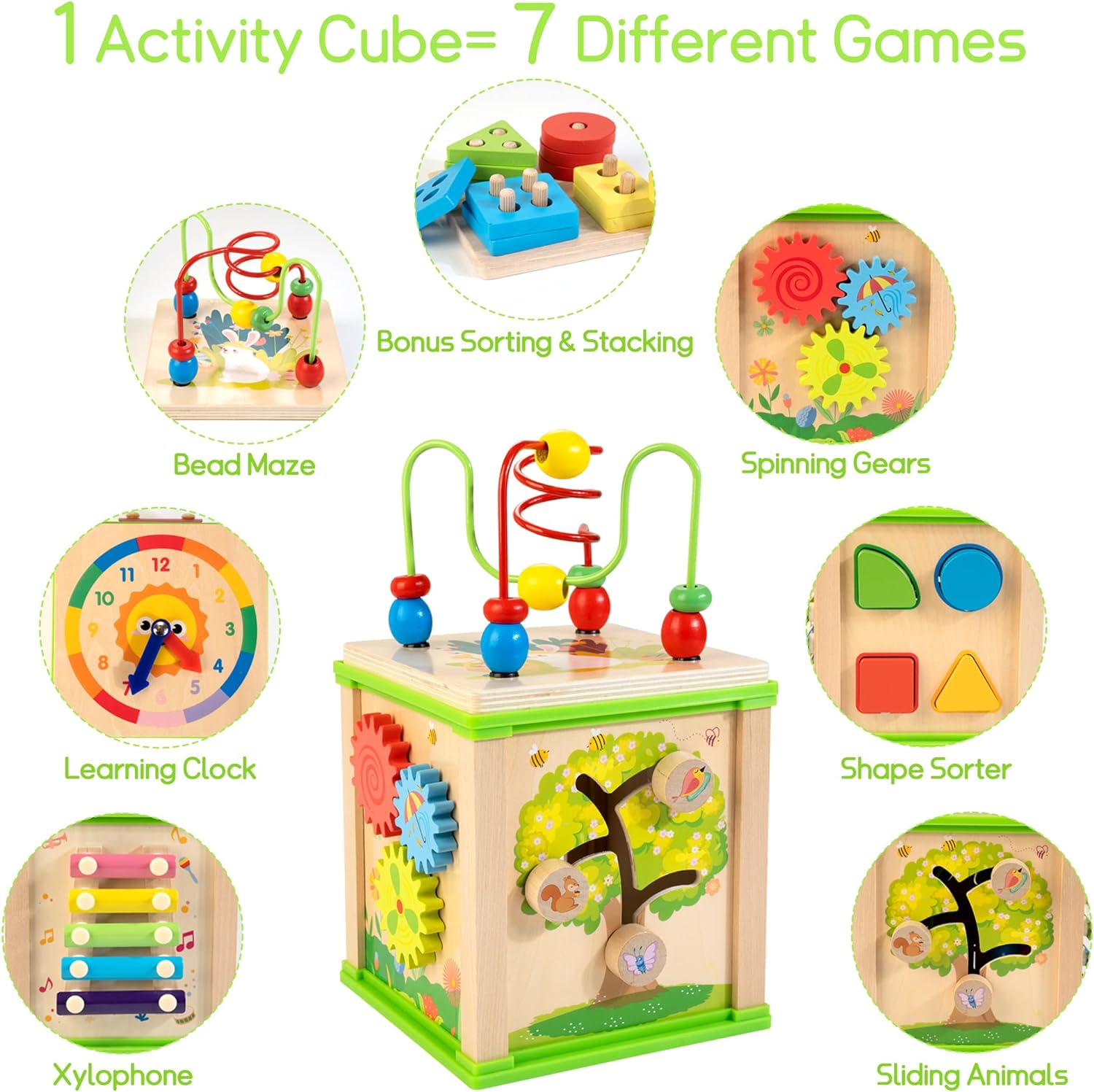 Wooden 7-in-1 Activity Cube| Montessori Toys Baby Educational Developmental Toys - Cykapu
