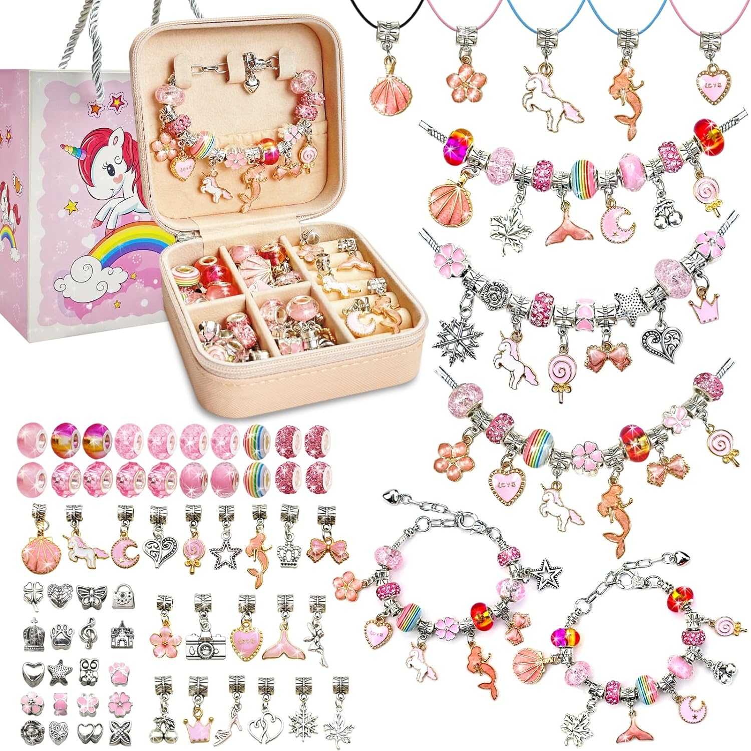 Charm Bracelet Making Kit DIY Bead Jewelry Making Kit with Box, Unicorn Mermaid Arts and Crafts