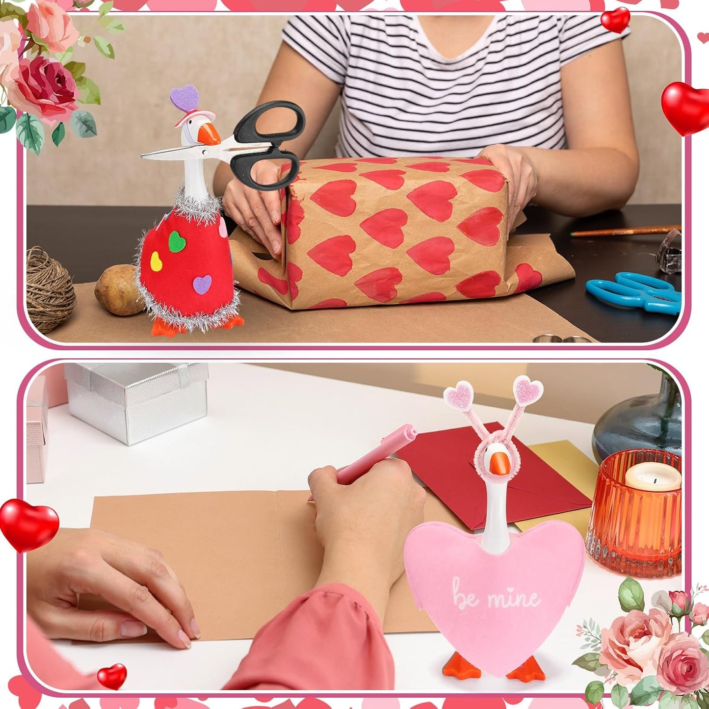 4 Sets Valentine's Day Mini Desk Goose Outfit 7 Inch Magnetic Silly Goose Statue Key Holder Red and Pink Romantic Valentine Clothes for Magnetic Duck Statue Table Desk Key Holder Decor