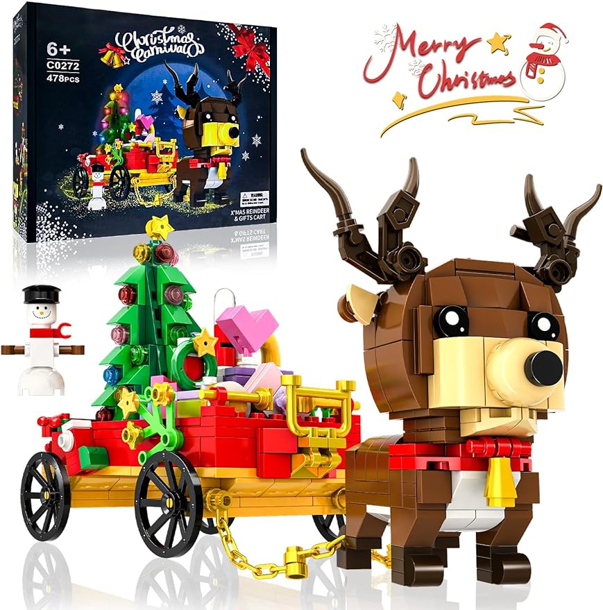 Santa's Christmas Reindeer Building Block Kit, Cart Building Sets Christmas Playset Building Toy - Cykapu