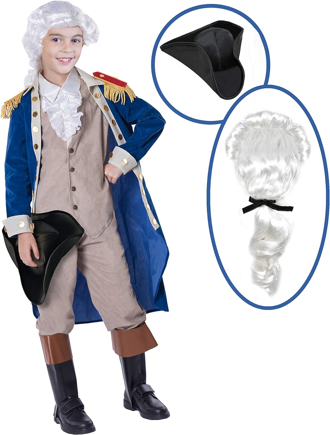 Creations George Washington Costume for Kids, Colonial Boys Costume Set with Wig and Hat