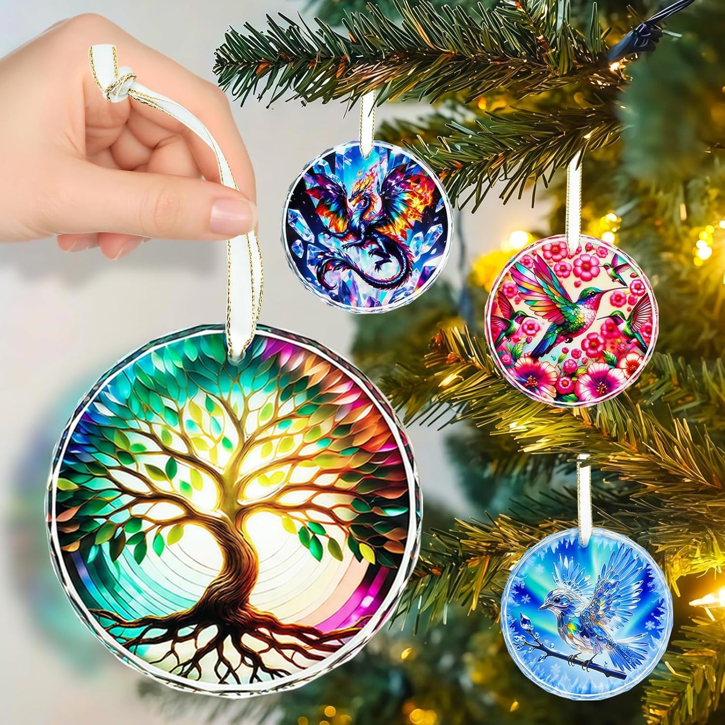 Hummingbird Ornaments for Christmas Tree, Stained Hummingbird Home Decor Glass Hanging, Christmas Tree Indoor Outdoors Home Decorations to Hummingbirds Lover, Book Lovers