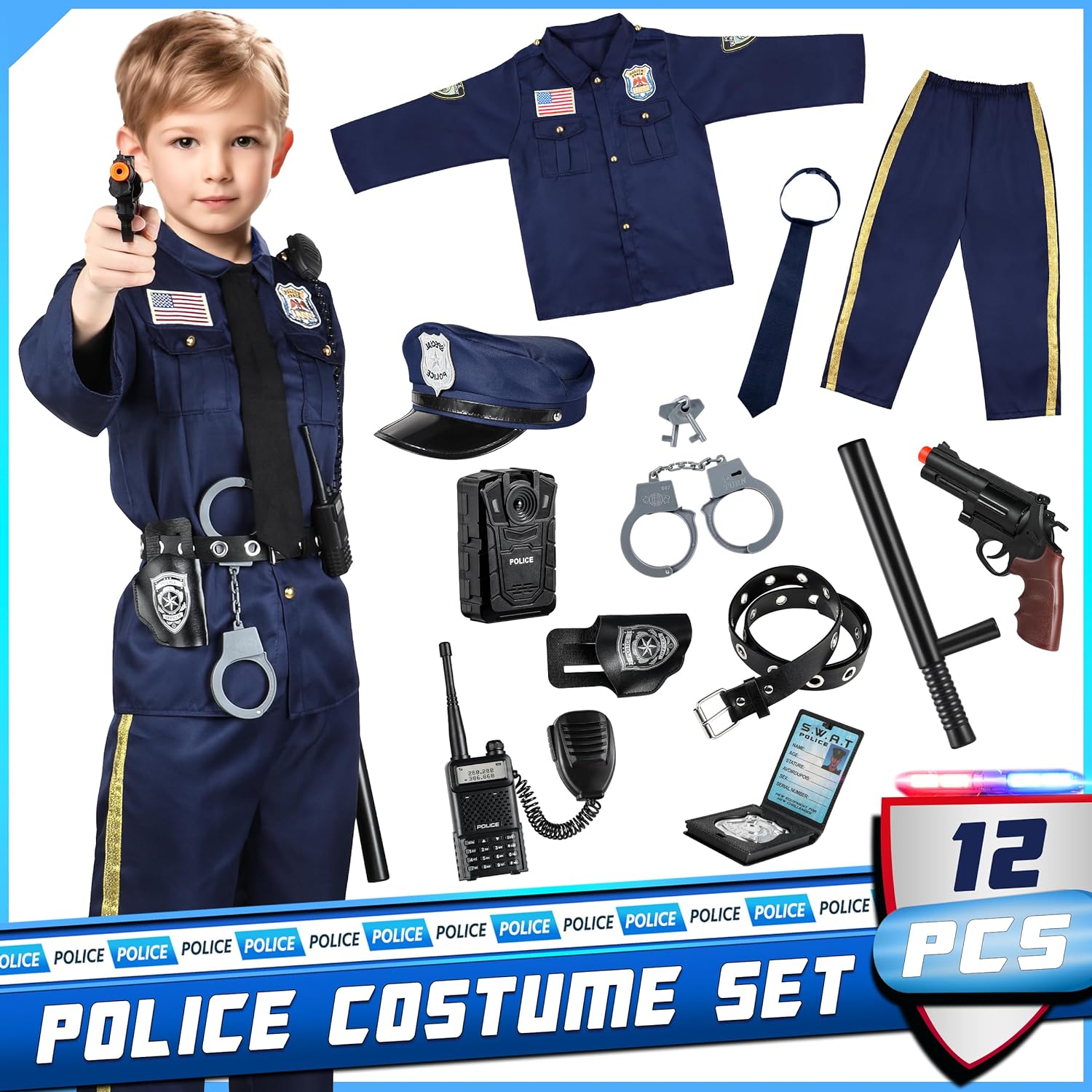 Police Officer Costume for Kids - Deluxe Police Costume for Kids with Accessories, Kids Halloween Costumes - Cykapu