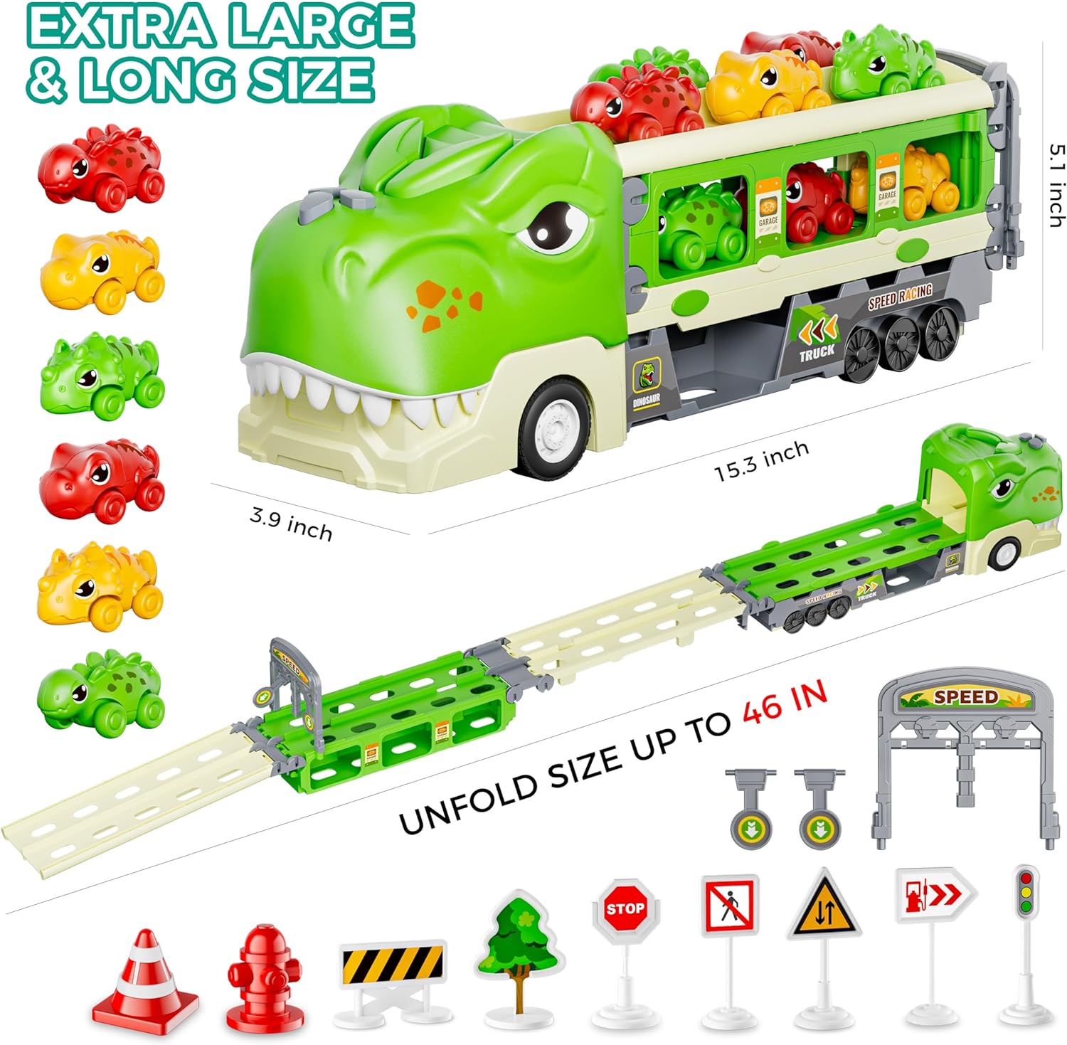 Dinosaur Truck Toys Foldable Track & 2 Player Race Mode, Light & Sound Transport Carrier W/ 6 Dino Car & 12 Road Sign - Cykapu