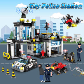 City Police Station Building Sets - Command Center Police Car Motorcycle Trailer Drone Chase STEM (533PCS) - Cykapu