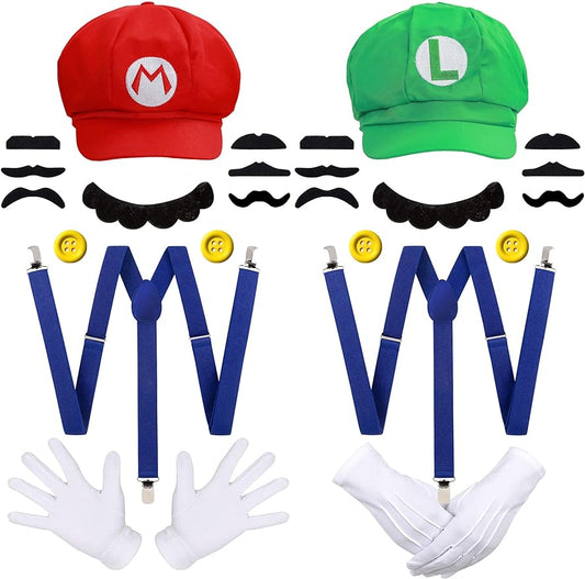 Mario Bros Mario and Luigi Hats Caps Mustaches Gloves Buttons Cosplay Costume - Cykapu