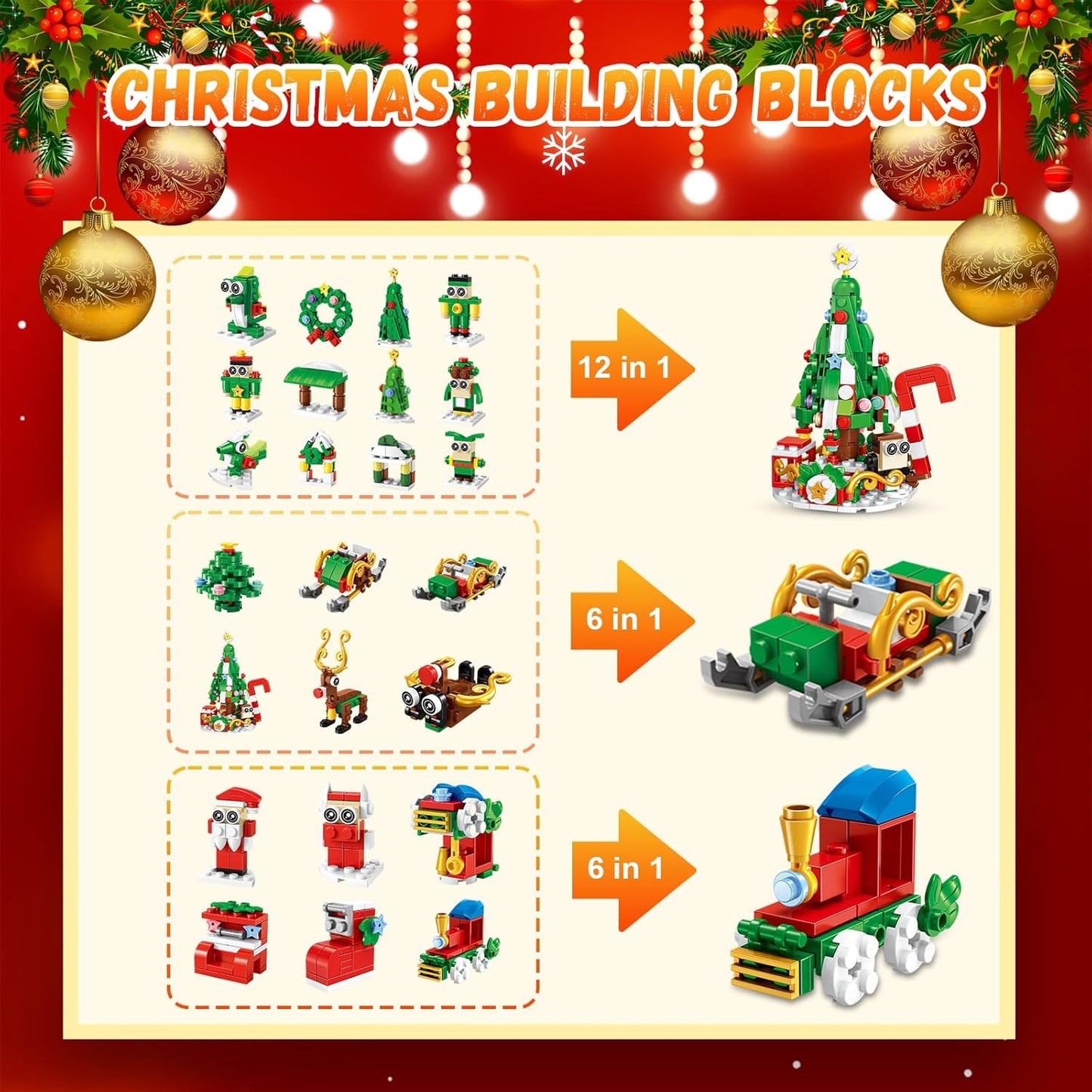 Christmas Advent Calendar 2024 Building Blocks for Kids & Adults- 24 Pack Assembly Blocks 24 Days Countdown Advent Calendar with Christmas Tree, Reindeer Sleigh & Train, Christmas Gifts for Kids