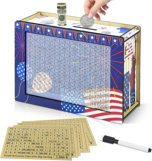 10000 Savings Challenge Box, Money Saving Box, Piggy Bank for Adults Kids, Wooden Cash Box