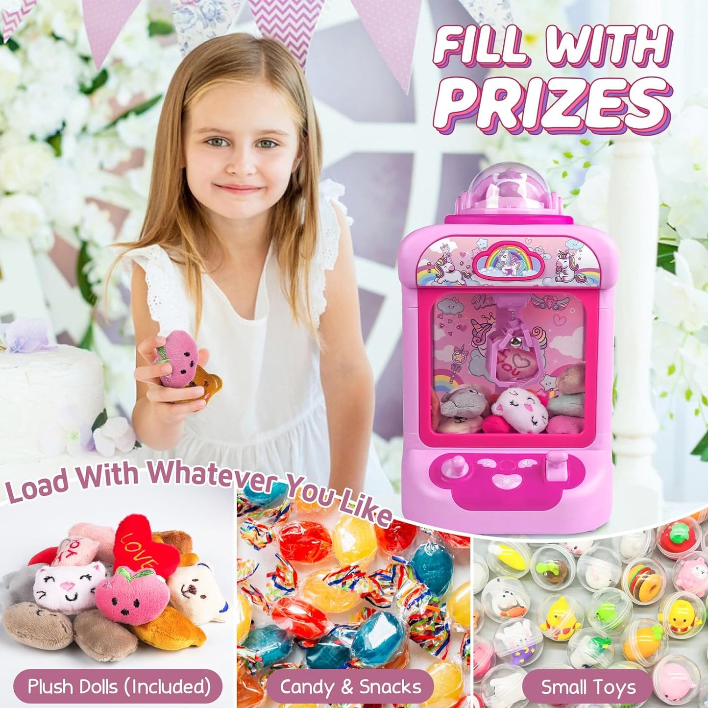 Claw Machine for Kids, Mini Vending Machine, Candy Grabber Prize Dispenser with Sound & 20 Mini Plush Toys - Cykapu